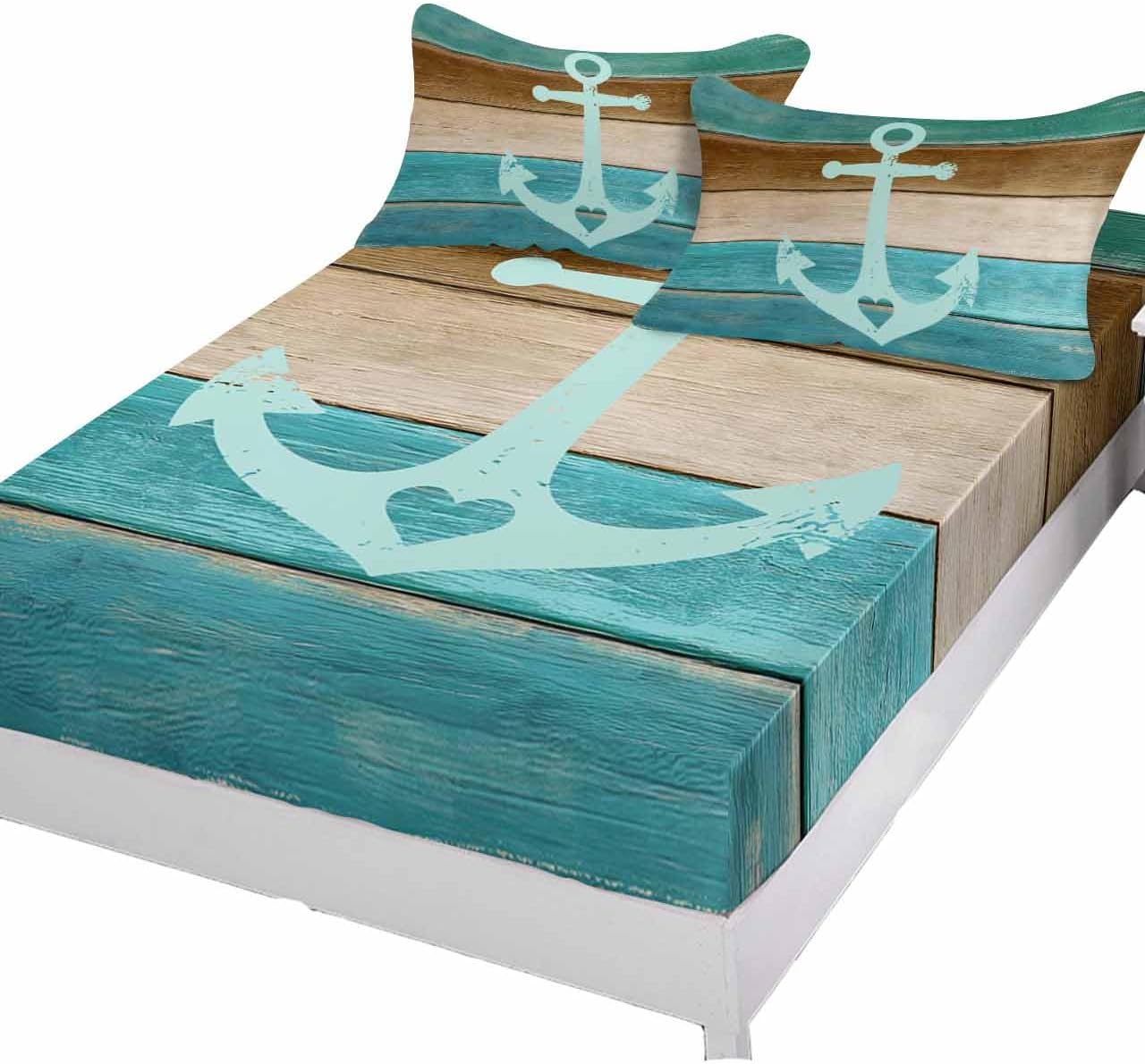 Fitted Sheets Elastic Deep Pocket Bed Sheet Cal King, Retro Nautical Anchor on Wooden Board Soft Bed Sheets Set,Country Style Mattress Cover Up Hotel Luxury Fitted Sheet Pillowcase for Bedroom