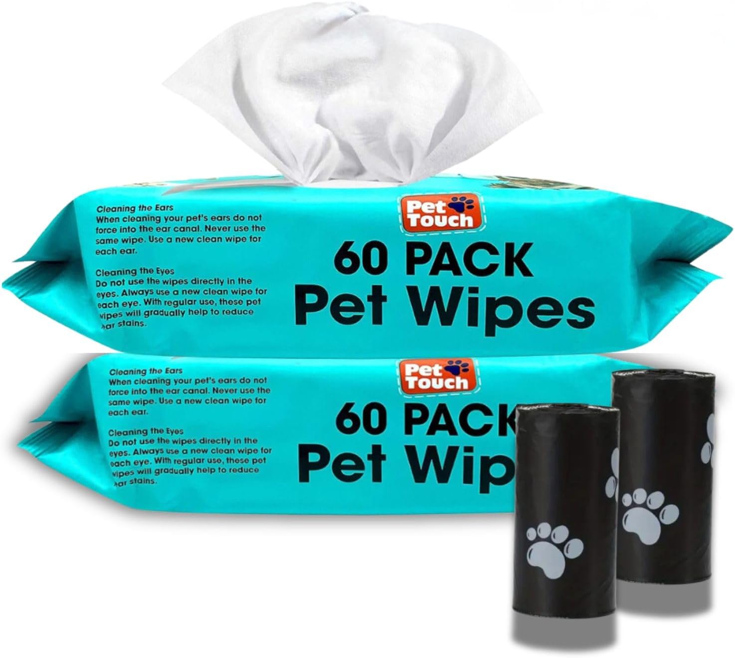 2 X 60 Pack All Purpose Pet Wipes for daily Cleaning of your Dogs and Cats & 2 X Rolls of BOLYDOOM Eco Friendly Poo Bags