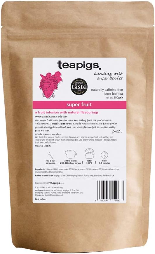 Teapigs Loose Super Fruit Tea - Bold Berry Infusion with Cranberries, Blueberries & Hibiscus - Punchy, Fruity & Refreshing - Great Taste Award Winner - 200g (1 Pack)