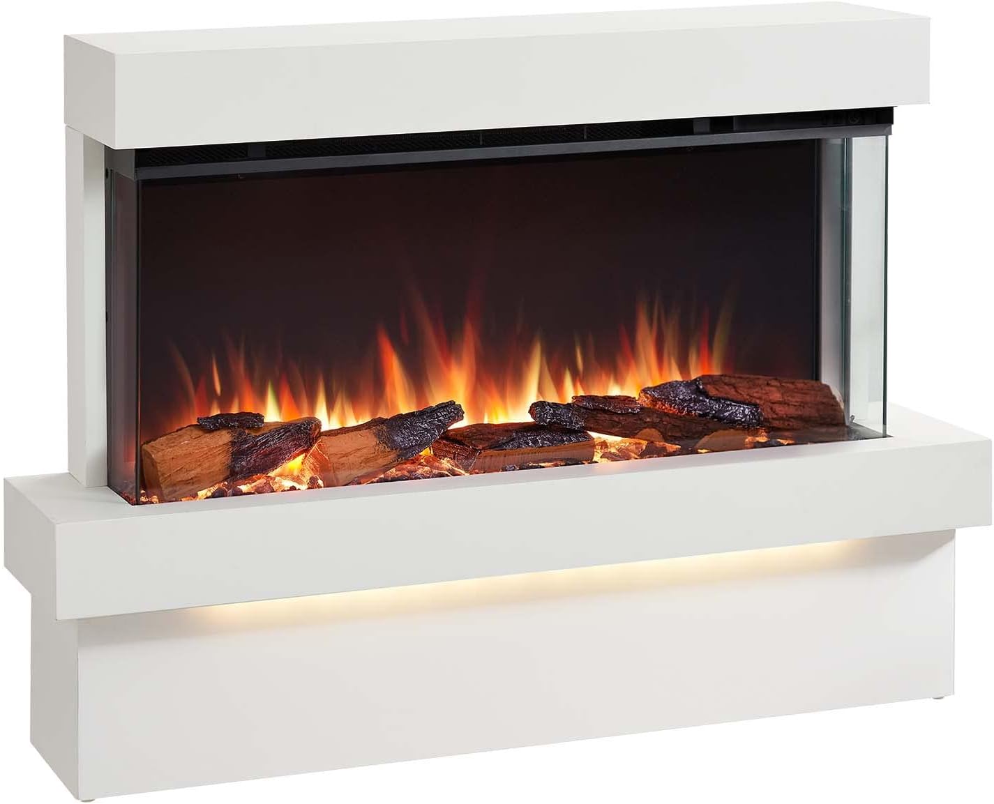 FLAMME Knighton 110cm/43" 3-Sided Electric Free Standing Fireplace, Multiple Flame Colours, 1500W Heater, Crackling Sound Effect, Remote and APP Control, White
