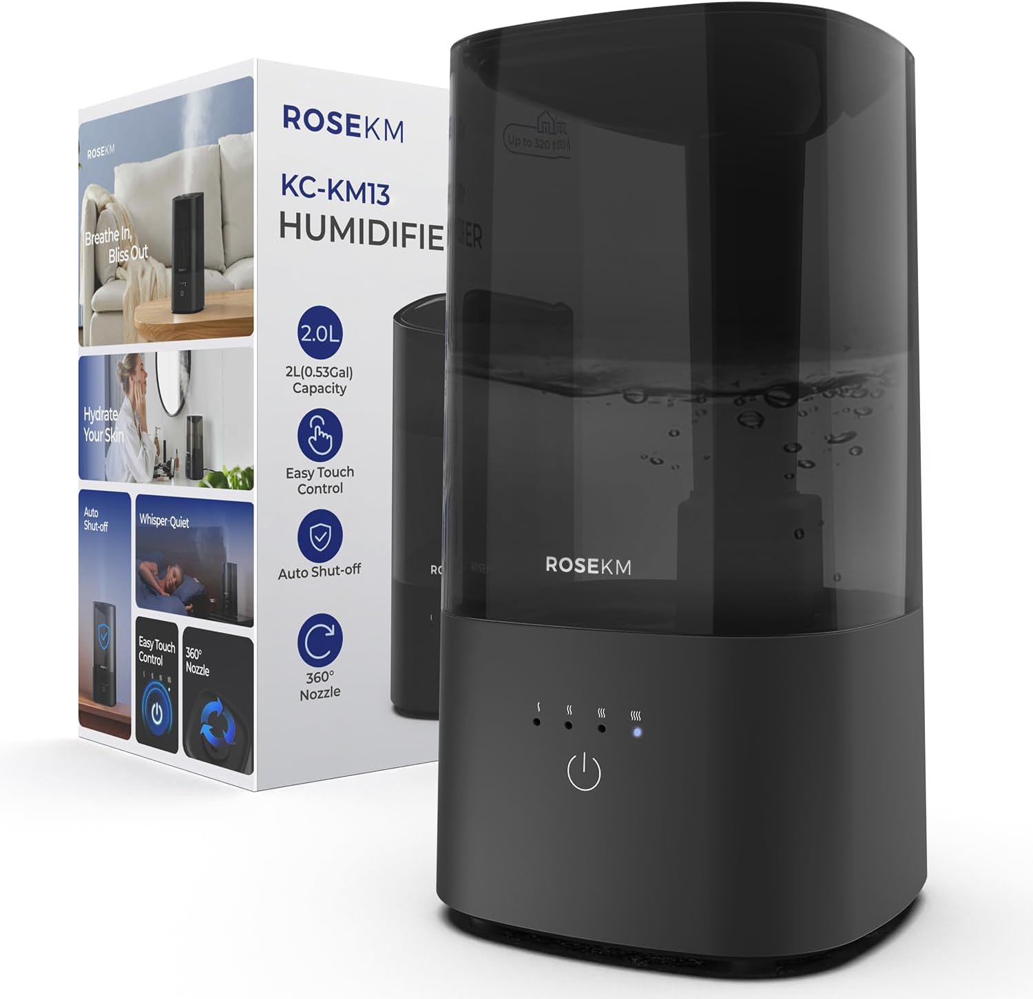 Rosekm Humidifiers for Bedroom, Cool Mist Humidifier for Home Plant and Baby Nursery, Quiet Ultrasonic Humidifier with 360° Nozzle, Auto Shut-Off, Filterless, Black