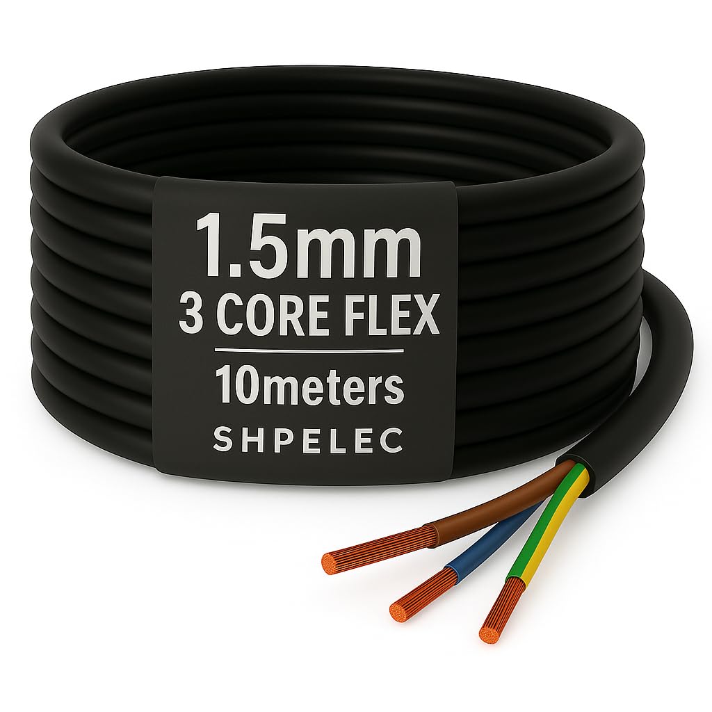 SHPELEC® Flexible Black Cable 3183Y | 1.5mm 3 Core | BASEC Approved PVC for LED Lighting | Multiple Length Options (10 Metres)