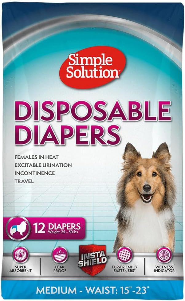 Simple Solution Disposable Dog Diapers for Female Dogs, True Fit, Absorbent, Leak Proof with Wetness Indicator, Puppy & Doggie Period Pad and Pee Diaper, for Medium Pets, 15-23 Inch Waist, 12 Count