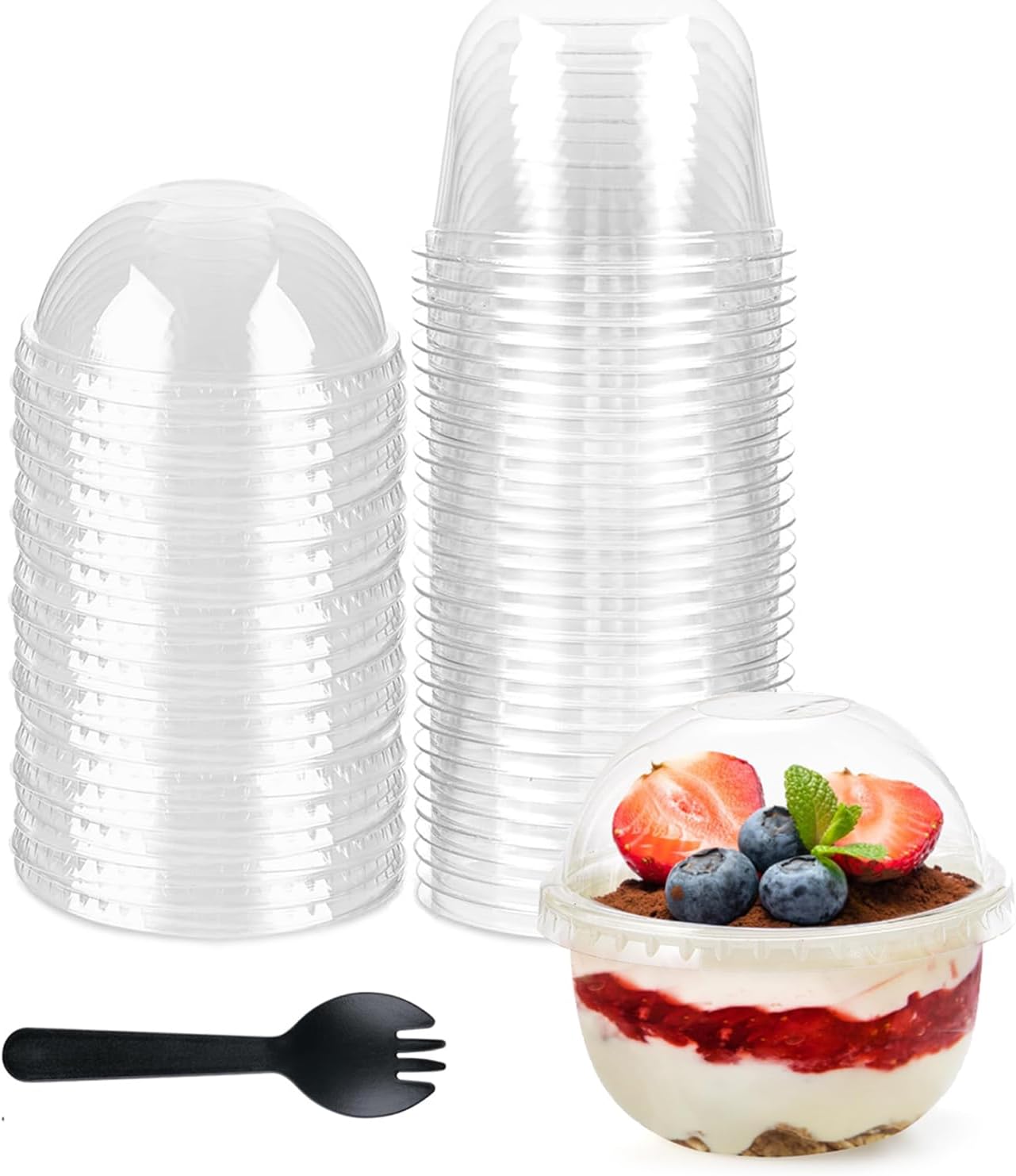 50 Pack 8 oz Plastic Dessert Cups with Dome Lids and Spoons, Mini Parfait Cups, Clear Dessert Container for Cupcakes, Pudding, Yogurt Fruit, Mousse, and Ice Cream