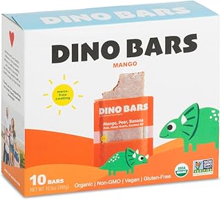 Dino Bars | Organic Fruit Bar for Kids | Organic Toddler Bars and Dinosaur Snacks | Fruit + Oats + Hemp Hearts + Coconut Oil with Edible Paper | Mango Kids Bar | Age 1+ | 10 Pack