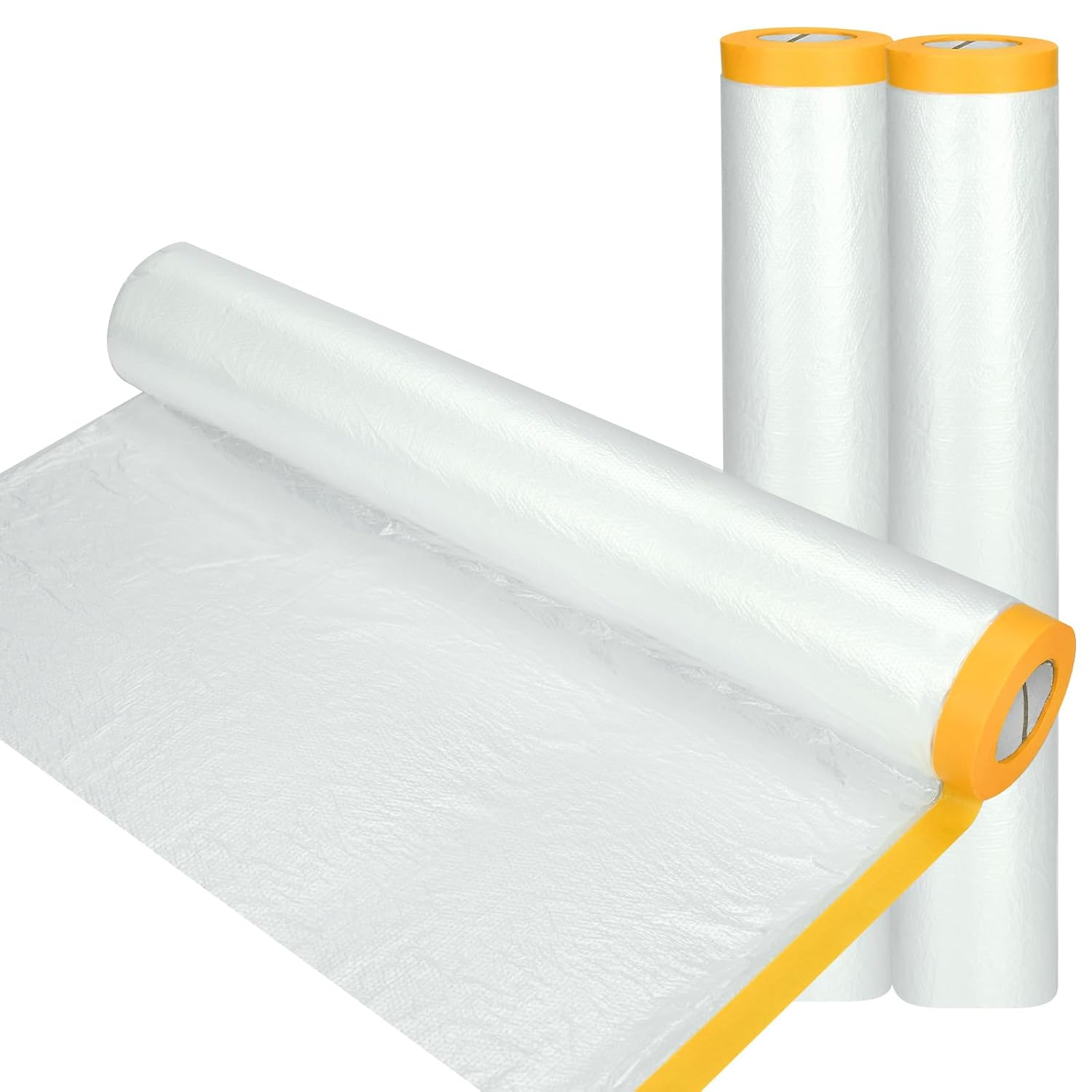 3 Rolls 4M x 20M Plastic Dust Sheet for Decorating, Self-Adhesive Painting Drop Film, Waterproof & Tear Resistant Polythene Sheeting, Transparent Masking Film for Painting Furniture Floor Covering