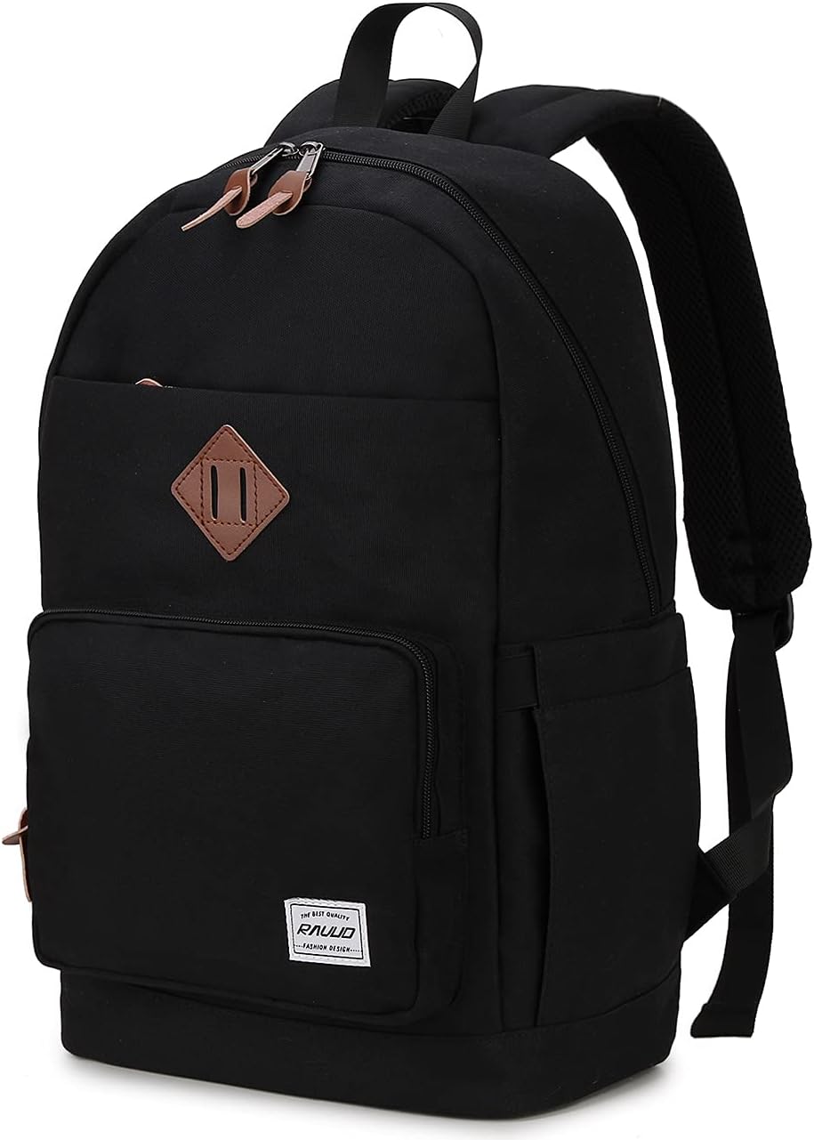 RAVUO School Backpack, Water Resistant Black Backpack for Men and Women Teens School Bag 15.6 Inch Laptop Backpack Travel College Rucksack