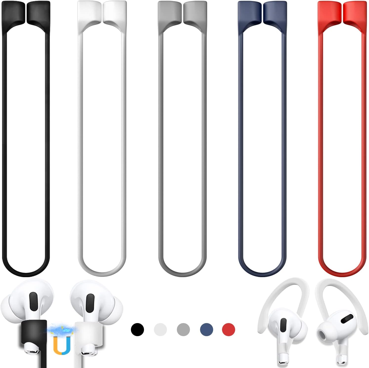 5 Pack Ultra Strong Magnetic AirPods Straps, Anti-Lost Cord for AirPods 4rd / AirPods Pro 1st and 2nd / AirPod 3rd /AirPod 1st and 2nd,Silicone Sports Lanyard and Ear Hook- 5 Straps + 2 EarHook