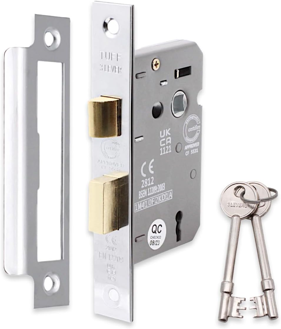 Infinity Decor Fire Rated Polished Nickel 3 Lever Mortice Sash Lock CE Approved Key Security Door Latch 65mm for Internal and External Doors