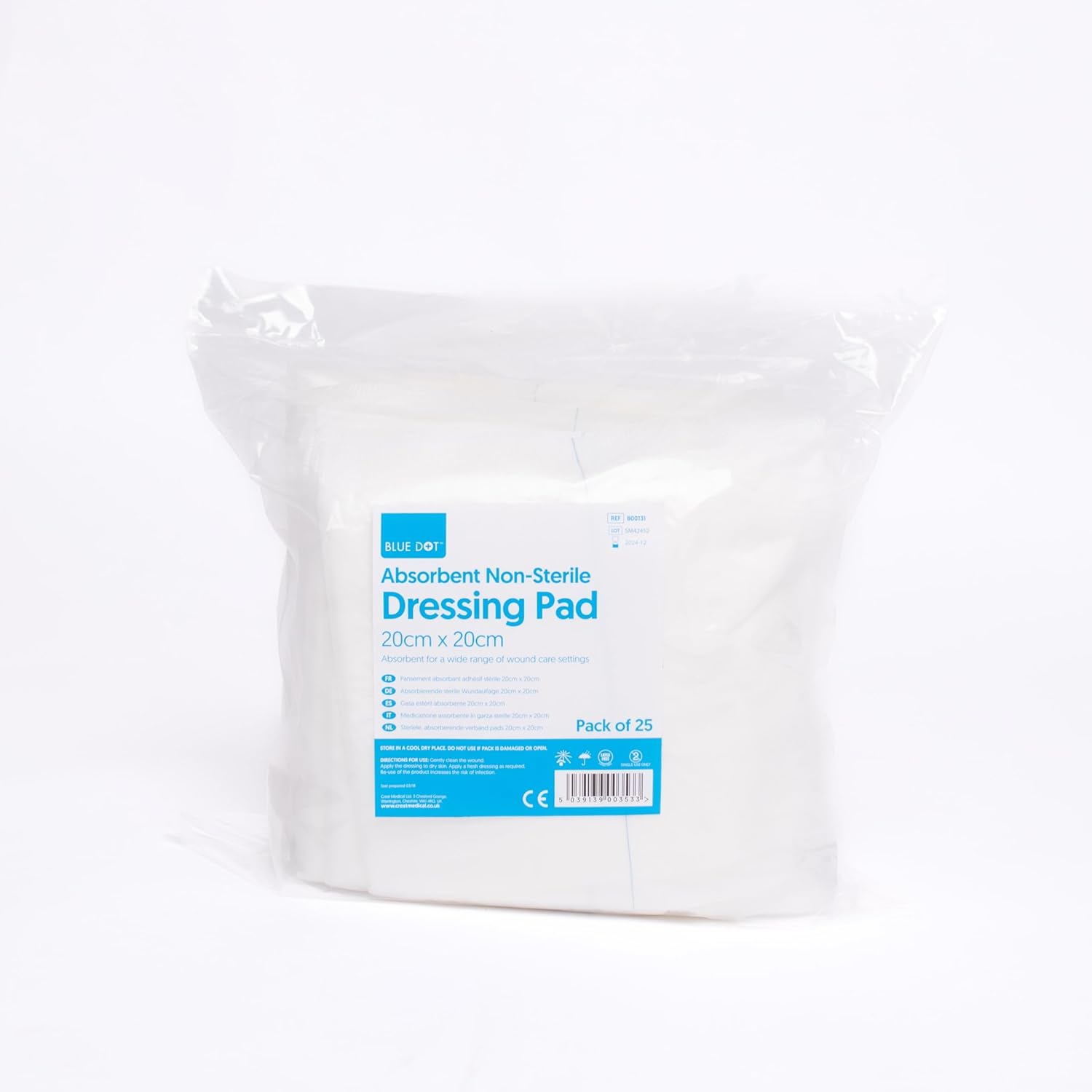 Blue Dot Non-Sterile Absorbent Dressing Pads 25-Pieces, 20cm x 20cm Size