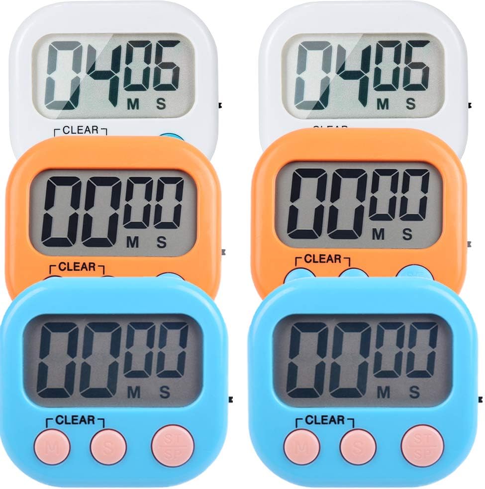 6 Pack Small Digital Kitchen Timer Magnetic Back and ON/Off Switch,Minute Second Count Up Countdown (Multicolored)