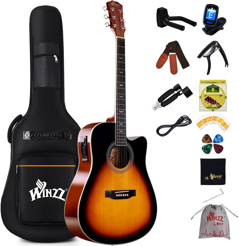 Winzz Electro-Acoustic Guitar for Adults, 4/4 Full Size Beginner Guitar Folk for Children over 12 years (41 Inches, Steel-string, Sunburst Glossy)
