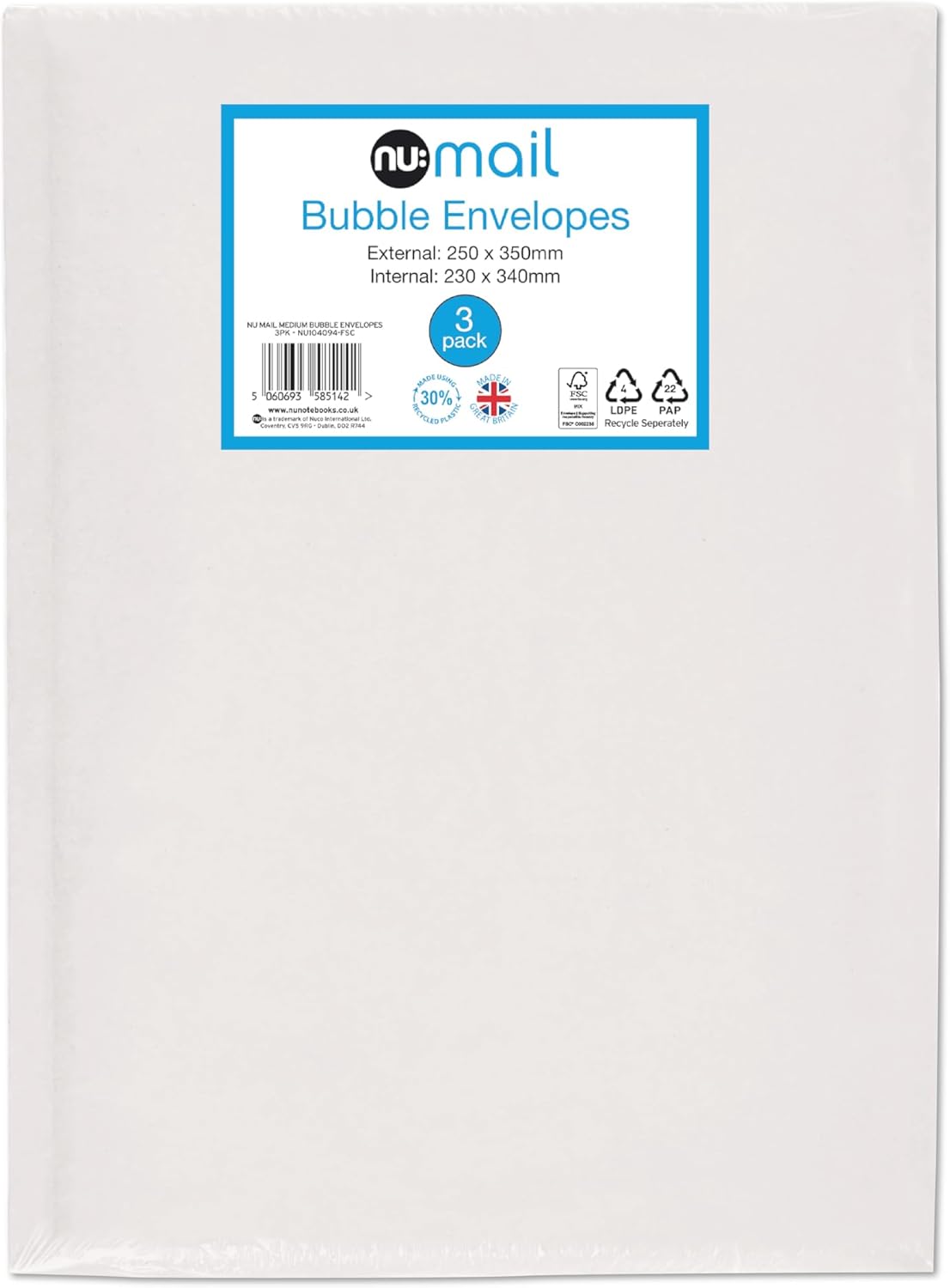 nu: Mail Padded Bubble Envelope Medium | 3 Pack | Protective Packaging | Eco-Friendly | Superior Cushioning for Shipping & Moving