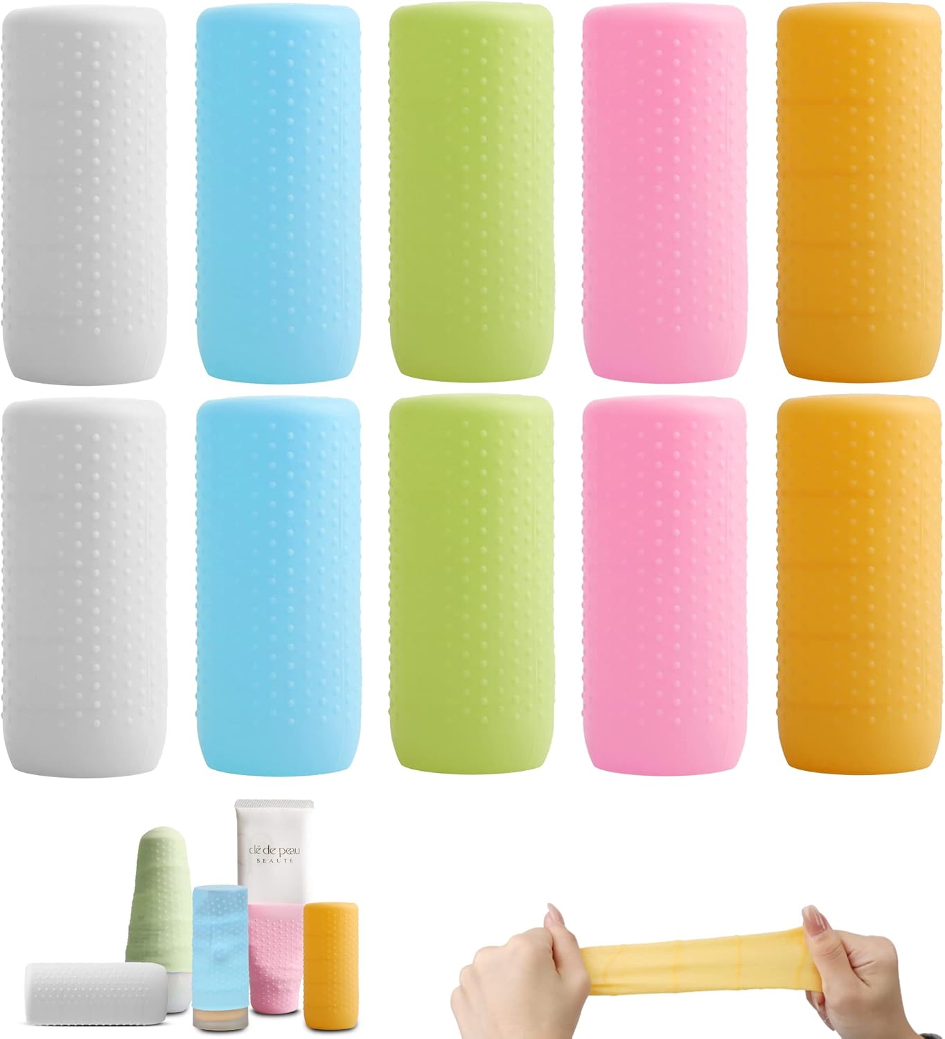 YUBIRD 10 PCS Silicone Travel Covers for Toiletries, Toiletry Covers for Leak Proofing, Leak Proof Sleeves for Travel Bottles, Travel Size Toiletries, Cruise Must Haves for Women Men, Pink and White,