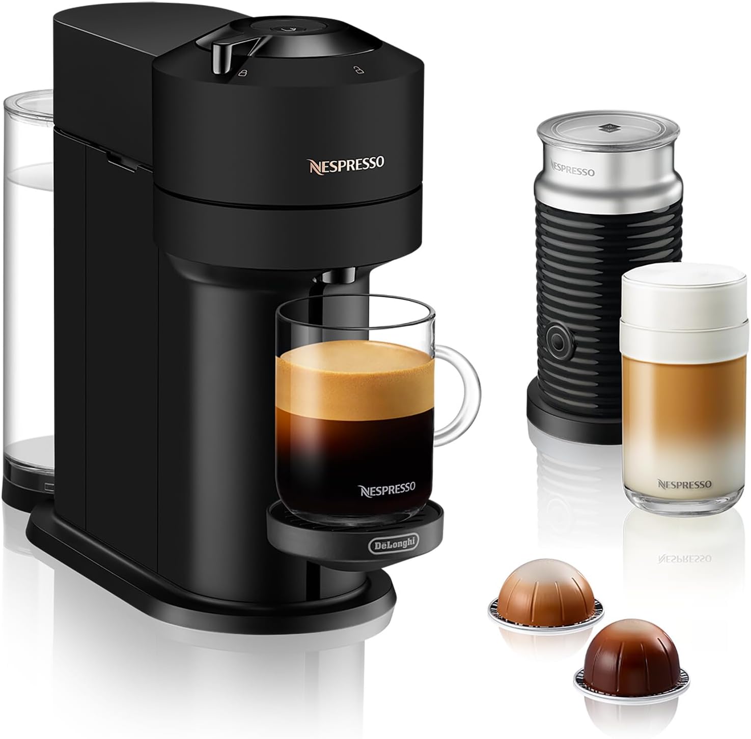 Nespresso Vertuo Next Coffee Machine by De'Longhi with Aeroccino Milk Frother, Over 30 Varieties of Pods, 6 Coffee Cup Sizes, Latte, Cappuccino, Starter Capsule Set Included, EN120.BMAE, Matte Black