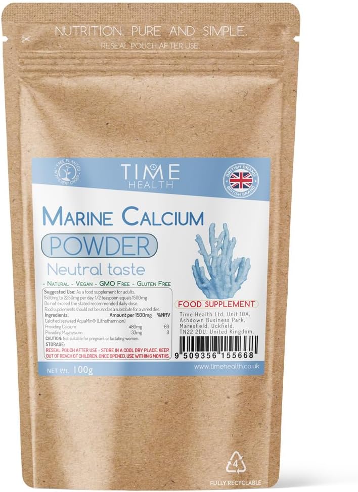 Marine Calcium and Trace Minerals 100g Powder – Neutral Taste – AquaMin® – Red Alga Lithothamnium calcareum – GMP – UK Made - Zero Additives (100g Pouch)
