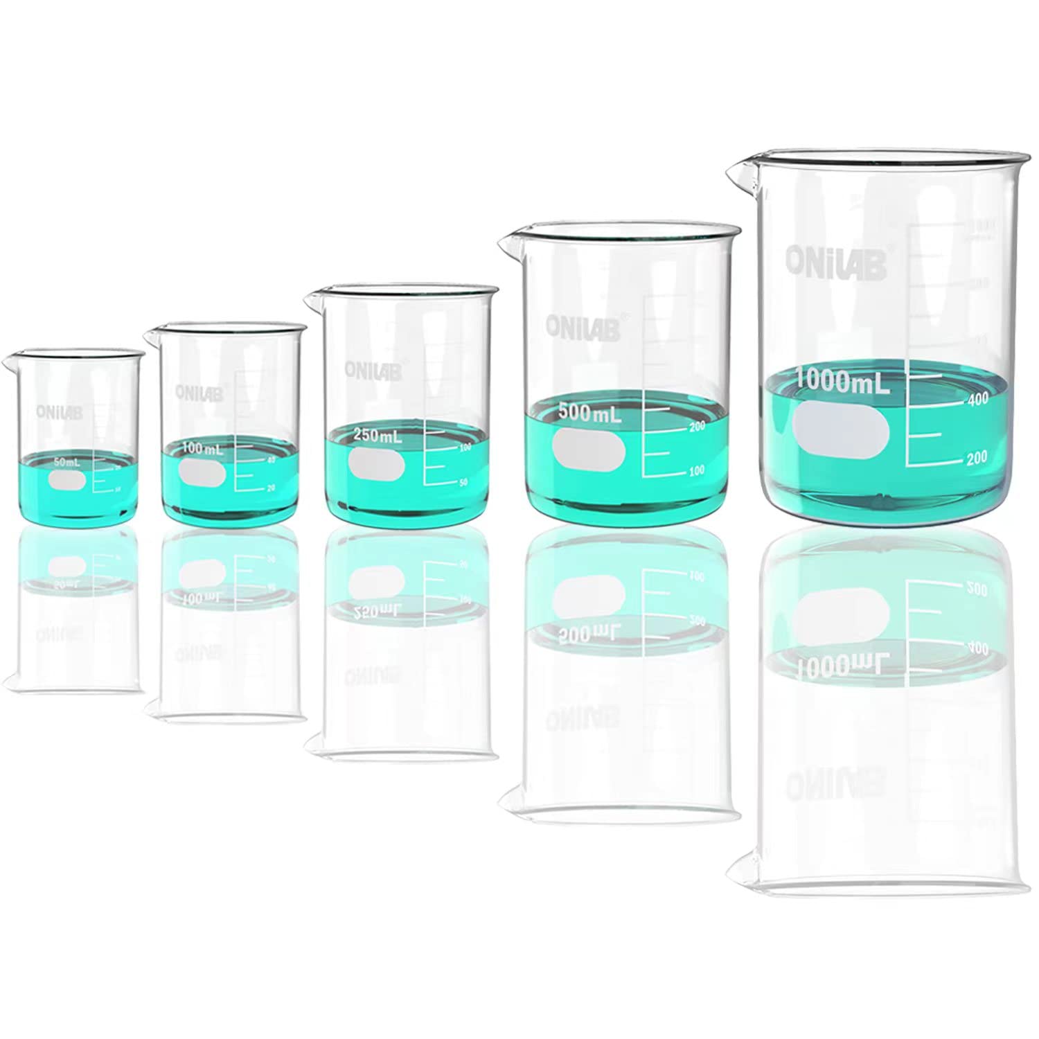 ONiLAB Glass Measuring Beaker Set 50 ml 100 ml 250 ml 500 ml 1000 ml(Pack of 5) 3.3 Boro Griffin Low Form with Printed Graduation Scientific Glassware for Laboratories, Classrooms or Home Use 18900622