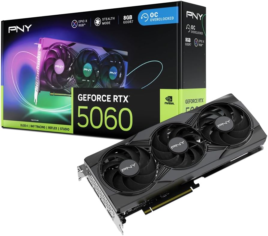 PNY NVIDIA GeForce RTX™ 5060 8GB ARGB Overclocked Triple Fan Graphics Card (DLSS 4, PCIe® 5.0, HDMI®/DP 2.1, 2-Slot, Epic-X™ RGB Lighting)