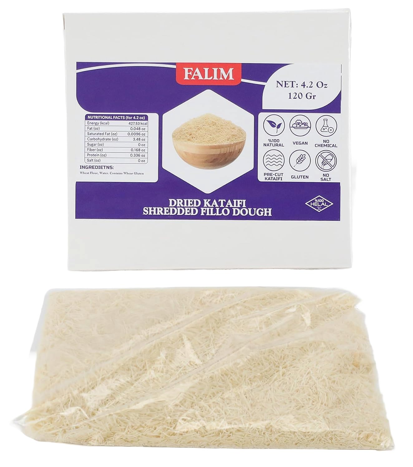 Kataifi Shredded Fillo Dough 4.2 OZ (120 g.) for Dubai Chocolate Bar Pistachio - Kadayif for Knafeh Pistachio Chocolate Bar Pastry s in Cardboard. Knafeh Kunafa Katafi Kunefe Kadaifi Phyllo Dough Chilled Kadafi Dubai Katifi Kanafeh 4.2 OZ (120 g.)