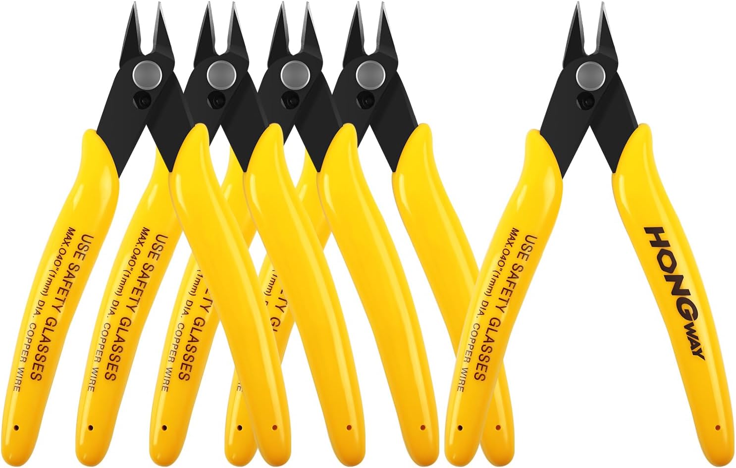 HongWay 5pcs Micro Flush Cutters, Wire Cutter with Internal Spring, Diagonal Cutters for Electronics, Heating Wire, Model Sprue, Soft Copper Wire Snips, 5 inches, Yellow