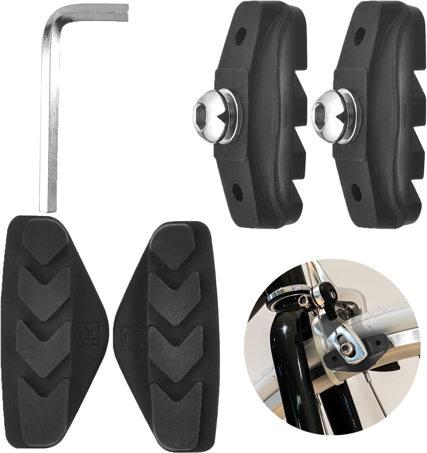 2 Pairs V Bike Brake Pads, 50 mm Bike Caliper Brake Blocks Set with Hex Nut Installation Tool, Universal Integral C Shaped Brake Shoes in Rubber No Noise for Road Bikes Mountain Bicycles (Black)