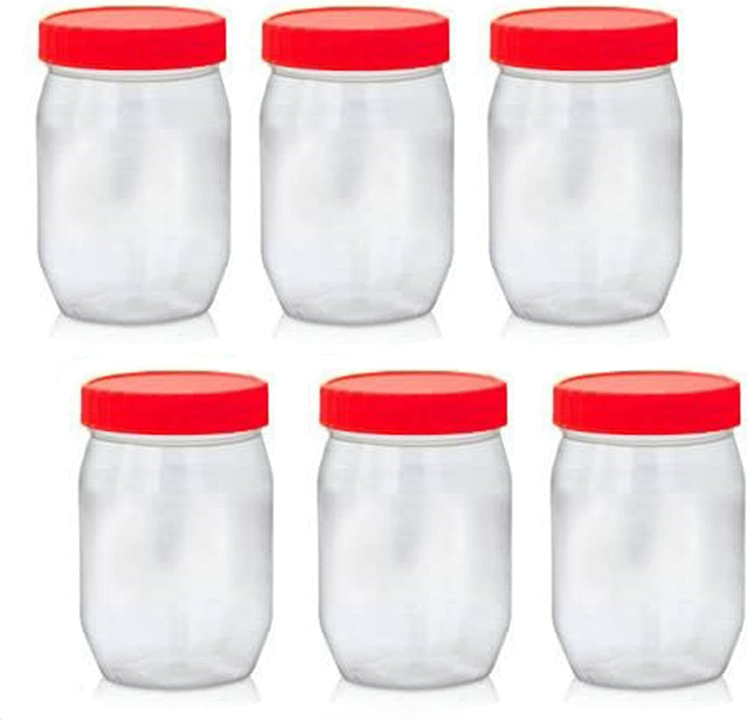 AFSUK Pack of 6 Round 300ml Plastic Storage Jar With Screw Top Lids Red Airtight Food Storage Containers BPA Free For Kitchen, Herb, Spices, Sweets Clear Canister pots