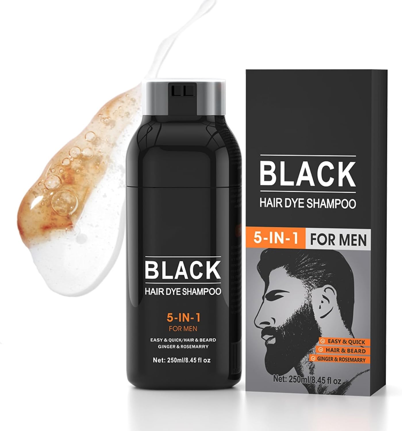 Mens Natural Black Beard Dye Shampoo, 5 in 1 Hair Color Shampoo for Gray White Hair Coverage, Instant Hair Blackening Dye for Gradually Darker and Stronger Hair 250 ml