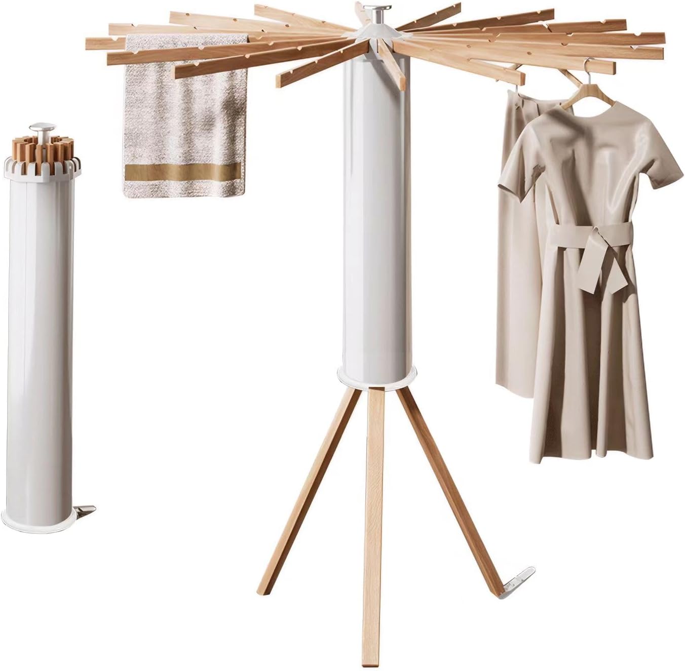 Tripod Clothes Drying Rack - Portable Foldable Garment Drying Rack - Household Floor Standing Clothes Drying Racks with 16 Wooden Drying arms for Balconies, Laundry, Bedrooms