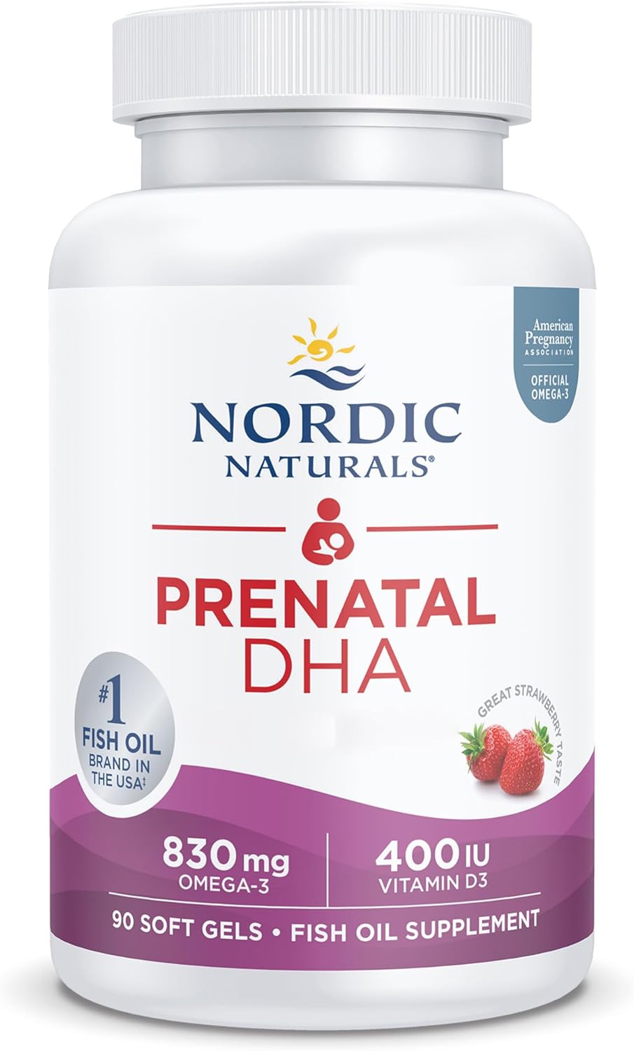 Nordic Naturals, Prenatal DHA, 830mg Omega-3 with EPA and DHA, High Dosage, Strawberry Flavour, 90 Softgels, Lab-Tested, Soy Free, Gluten Free, Non GMO