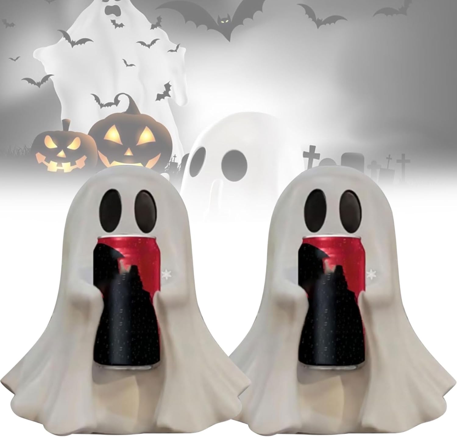 Cute Ghost Drink Holder,Halloween Coke Ghost,Ghosts Holding Coke Halloween Decor,Fun And Practical,Swap Cans Anytime for Home Party Holiday Decoration,for Most Soda Cans Coke Fans(Black+Black)