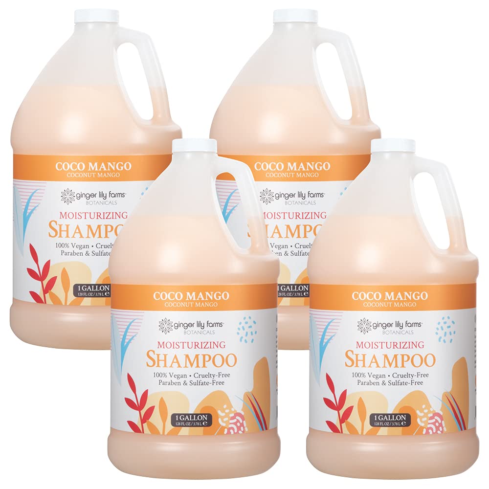 Ginger Lily Farms Botanicals Moisturizing Shampoo for All Hair Types, Coco Mango, 100% Vegan & Cruelty-Free, Coconut Mango Scent, 1 Gallon Refill (Pack of 4)