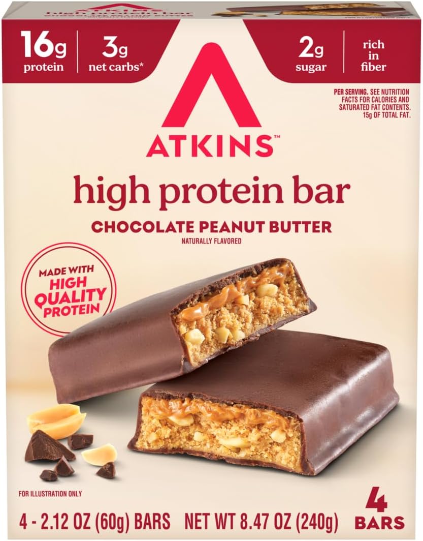 Atkins High Protein Bar, Chocolate Peanut Butter, Keto Friendly, Gluten Free, 4 Count (Pack of 1)