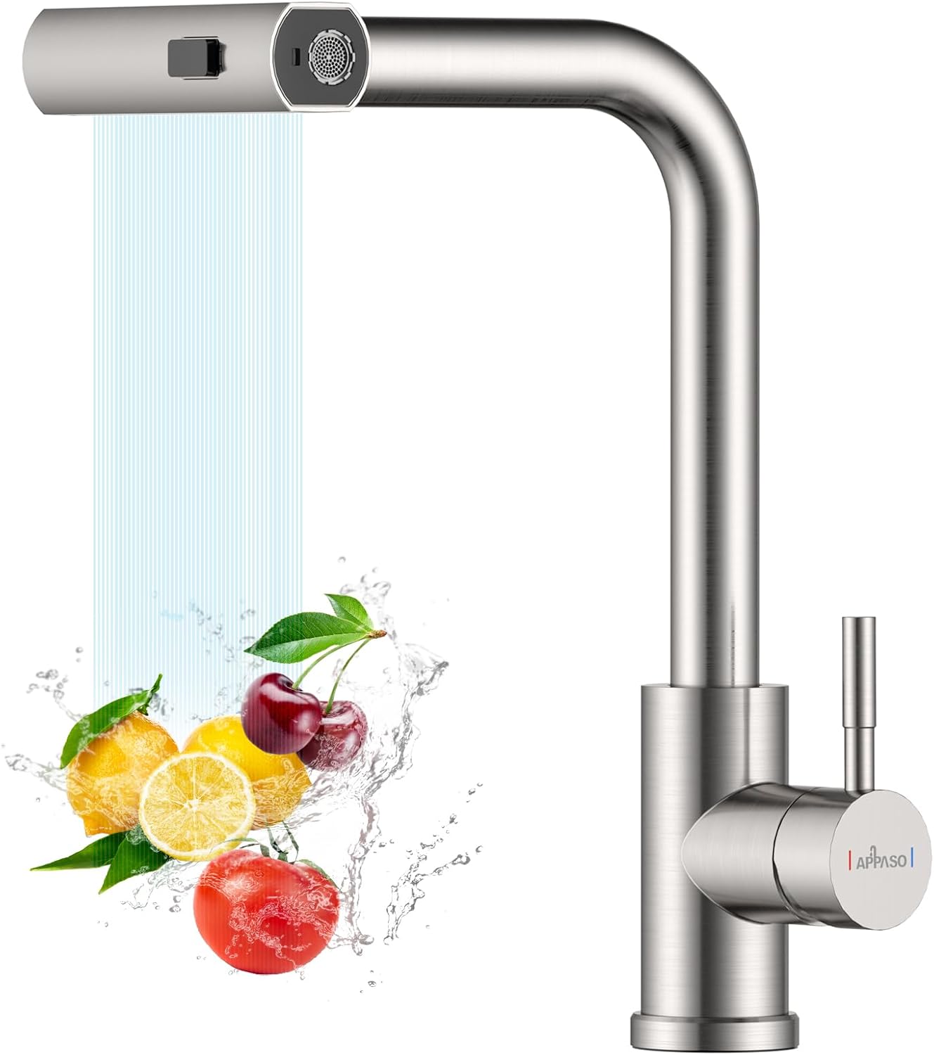 APPASO Waterfall Kitchen Tap, Waterfall Mixer Tap with Pull Out Spray, Sink Taps with 3 Functions, 360° Swivel Single Handle, Kitchen Faucet 1 Hole Stainless Steel Brushed
