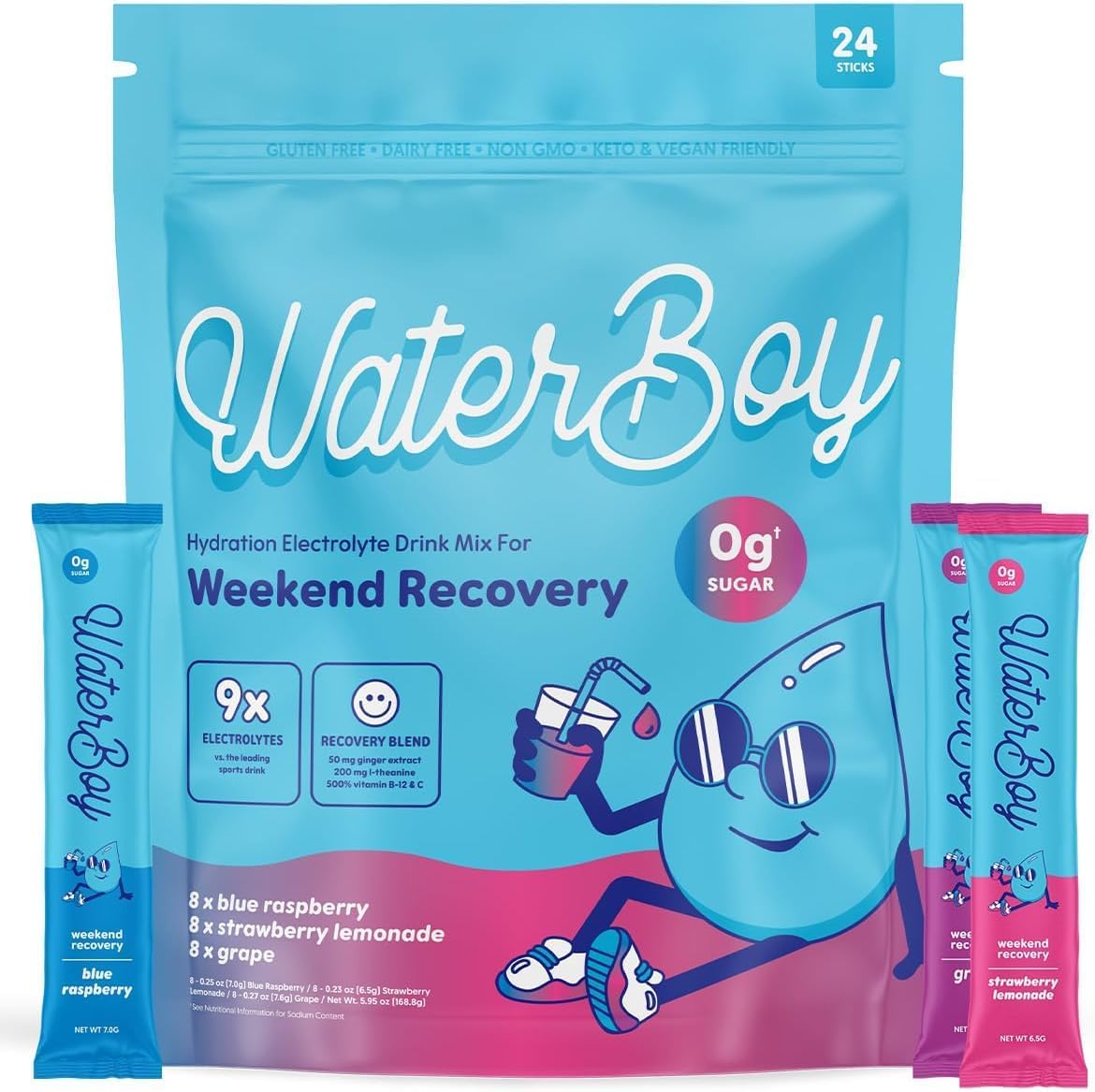 Waterboy Weekend Recovery Variety | 3,200mg Electrolyte Powder Packets | Ginger + L-Theanine + Vitamins | No Sugar, All Natural, Gluten Free | 24 Drink Stick Mixes (Variety Pack)