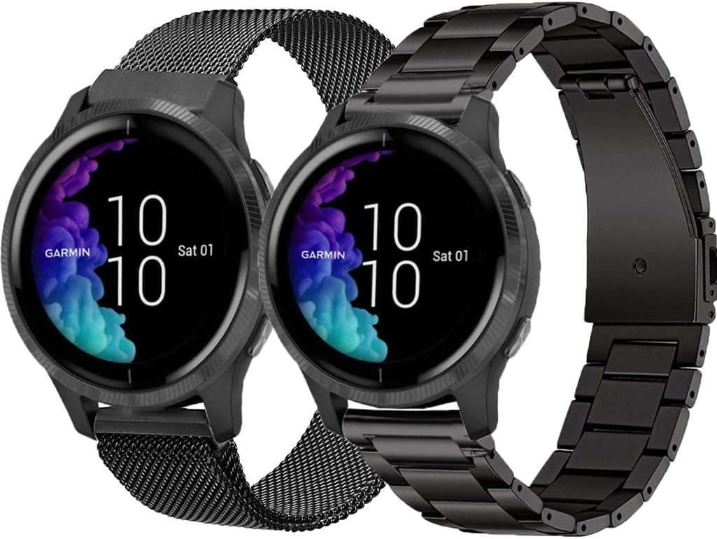 20mm Metal Bands for Garmin VivoActive 6/5/3,Forerunner 165/55/245/645 Watch Band, Garmin Venu/Venu Sq/Sq 2/Venu 2 Plus Watch Band, 2Pack Stainless Steel Wristband Strap for Men Women -Black