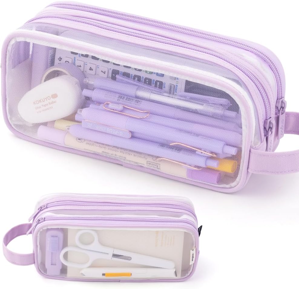 ANGOOBABY Large Grid Mesh Pencil Case 2 Compartment Pen Bag Clear Handheld Multifunction Pencil Pouch Transparent Makeup Bag for Teen Student College Business Travel Office Adult - Purple