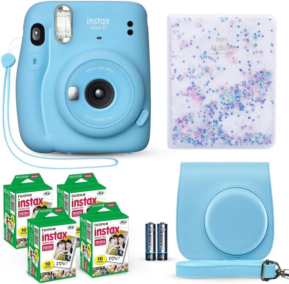 Fujifilm Instax Mini 11 Instant Camera Sky Blue + Fuji Film Value Pack (40 Sheets) + Shutter Accessories Bundle, Incl. Compatible Carrying Case, Quicksand Beads Photo Album 64 Pockets