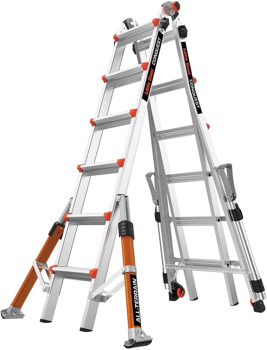 Little Giant Ladders 6 Rung Conquest All-Terrain PRO Multi-purpose Ladders, Side Mounted Stabiliser Bars, Heavy-wall Military Grade Construction, EN131