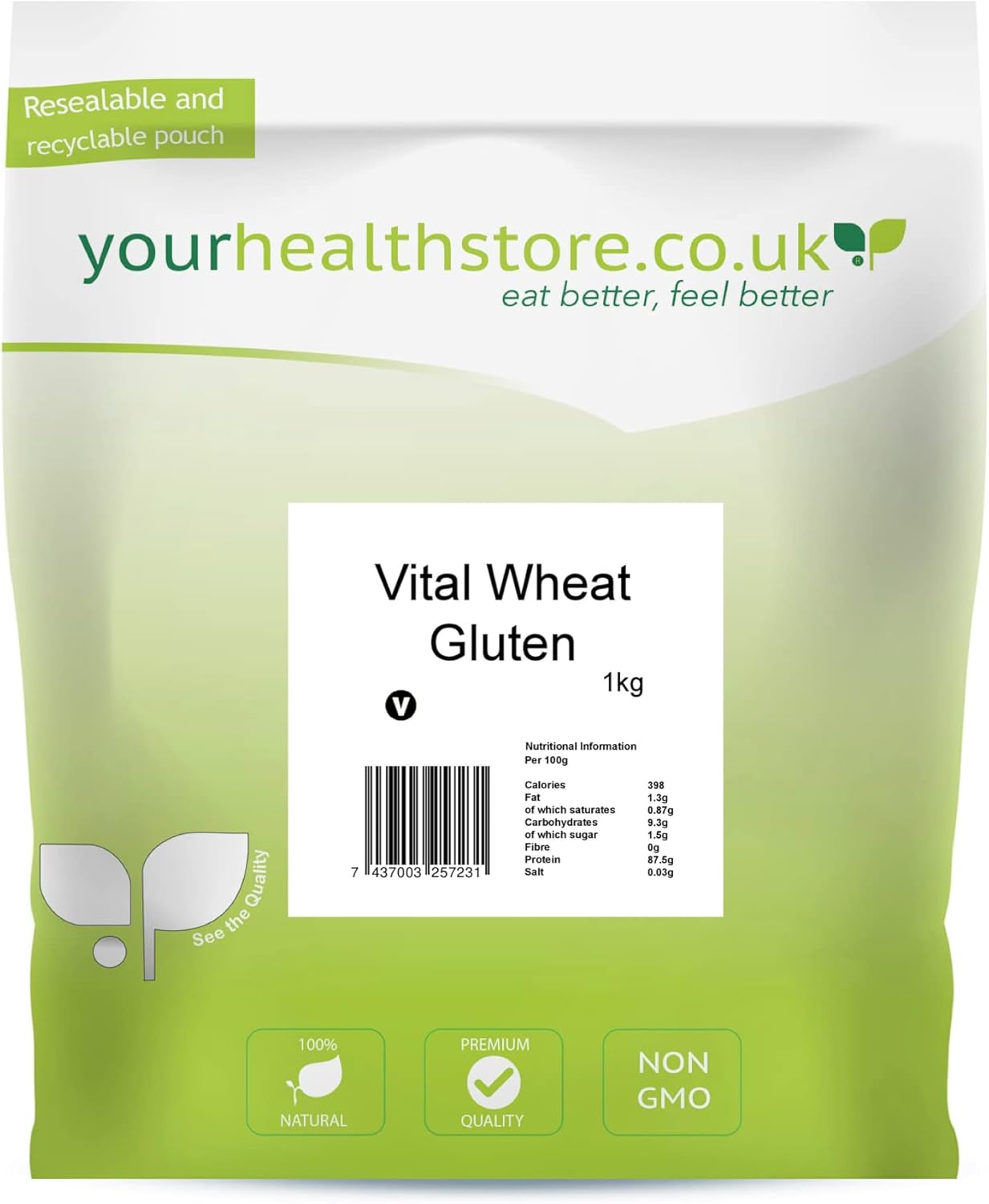 yourhealthstore® Premium Vital Wheat Gluten Flour 1kg, 87.5% Protein, Keto, Seitan, Vegan, Non GMO (Recyclable pouch)
