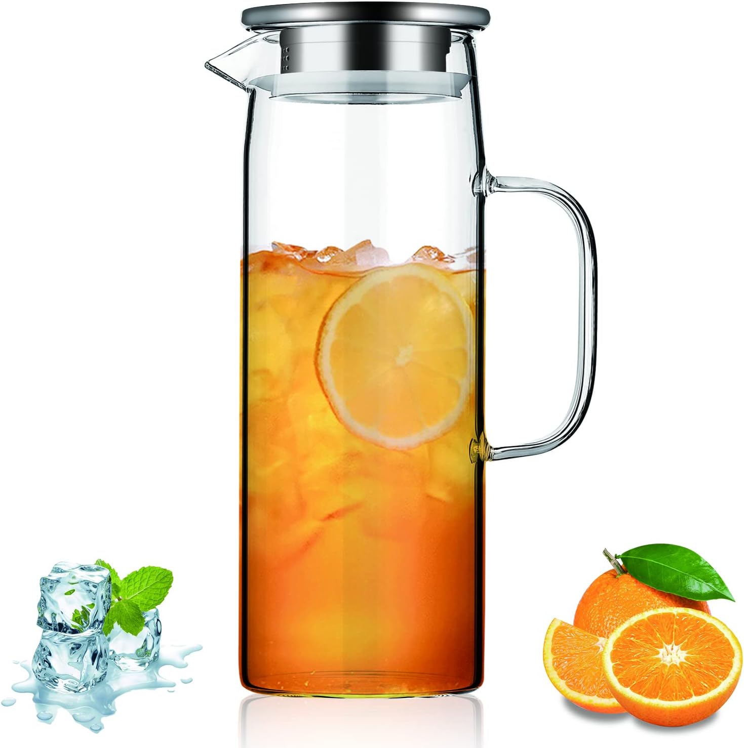 Kyraton 1500ml Water Jug with Removable Lid, Hot and Cold Beverages Clear Glass Water Pitcher, Easy Clean Borosilicate Glass Jugs for Tea Cafe Lemonade Milk Juice and More