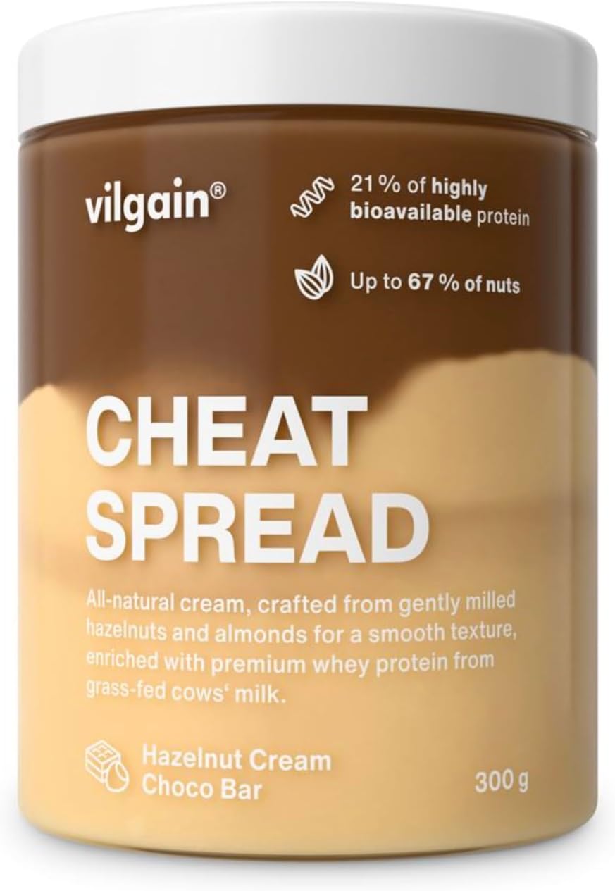 Vilgain Cheat Spread 300 g - 100% natural, high protein, creamy, palm oil free, gluten free, no added sugar, desserts & fitness lifestyle (300g, Chocolate bar with hazelnut cream)