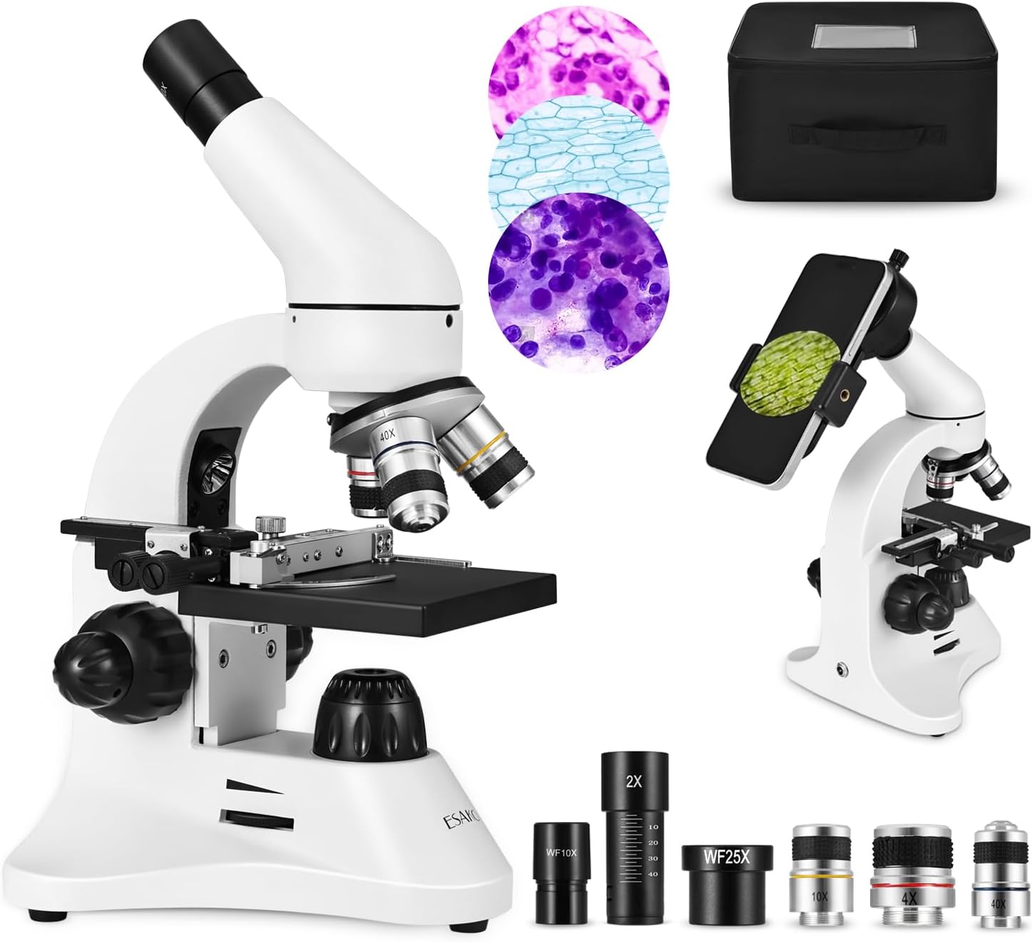 ESAKO 40-2000X Microscope for Kids Students Adults, with Mechanical Stage, Carry Bag & Slides Set Metal Body Microscope for Science Education School Laboratory