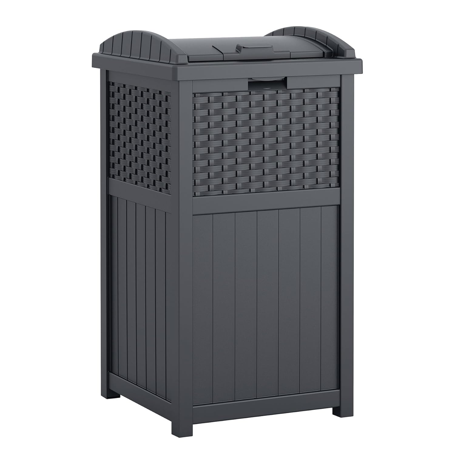 Suncast 33 Gallon Wicker-Style Hideaway Trash Can with Secure Latching Lid and Weather-Resistant Construction for Patio, Cyberspace Grey, Made in the USA