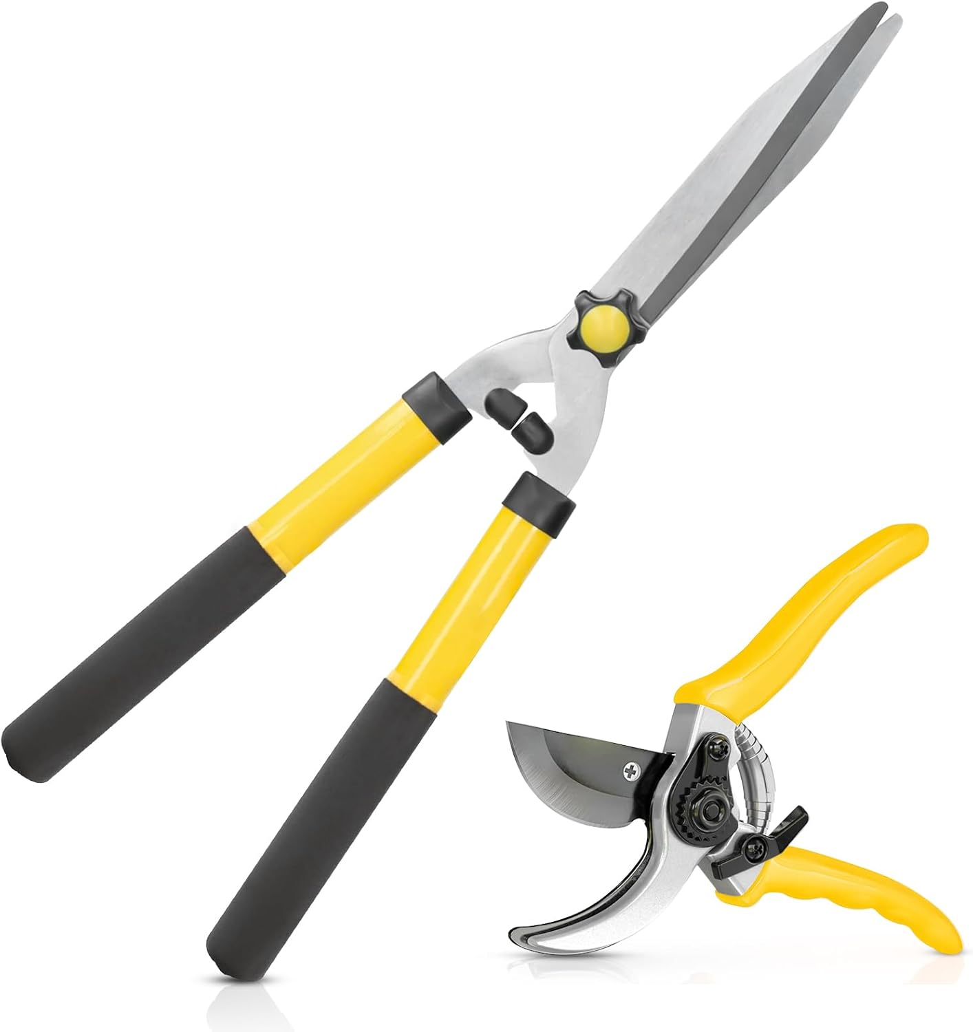 ZAVIA Hedge Shears for Gardening | Set of 21” Hedge Shear & 8” Pruning Garden Secateurs | Long Handled Lawn Shears for Hedges, Shrubs & Bushes | Anti Rust Carbon Steel Blade Hedge Shear Pruner Set