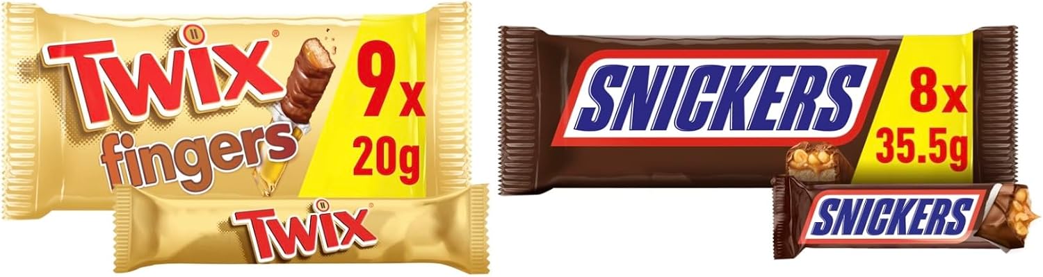 Twix Chocolate, Pack of 9 + Snickers Chocolate, Pack of 8 Bars (17 Total)