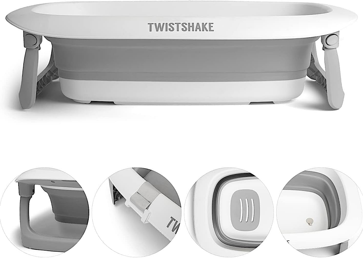 Twistshake Foldable & Non-Slip Baby Bath Tub | Ergonomic Collapsable and Secure | Portable Bathtub for Infants | Toddler Shower Tub | Suitable for 0+ Months | Capacity: 30L | Grey White