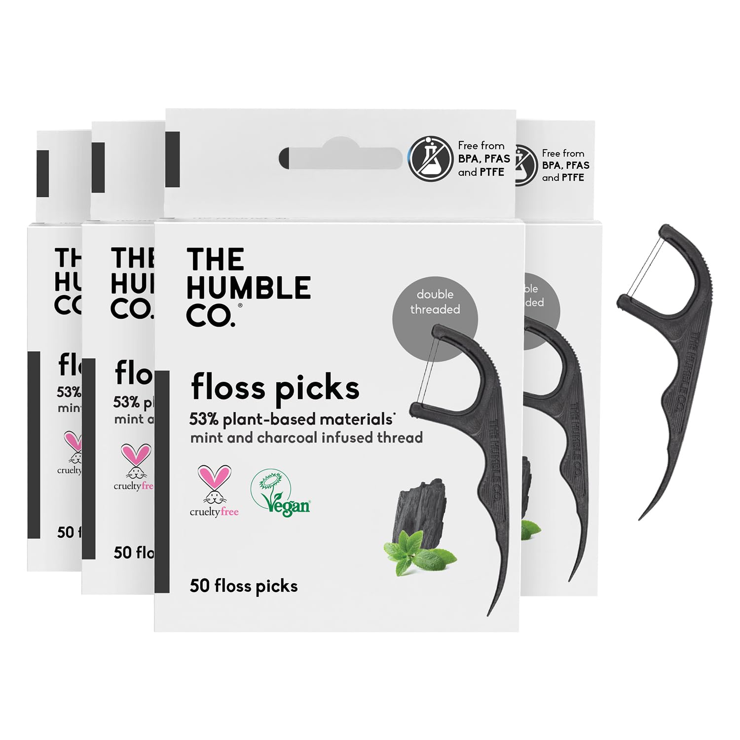 The Humble Co. Floss Picks (200 Count) – Plant Based Dental Floss Picks for Superior Oral Care, Dental Hygiene, and Gum Health, Cruelty Free Tooth Floss Picks (Charcoal, Double Thread)