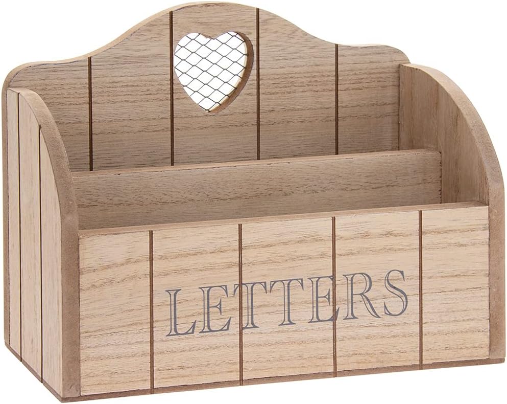 Natural Wood Finish Letter Rack With Contrasting Grey Letters Wording and Cutout Heart Detail, Twin Compartment Decorative Mail Organiser