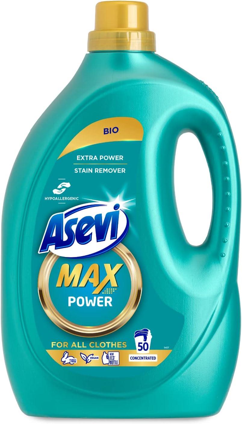 Asevi Max, Hypoallergenic Bio Laundry Detergent, Concentrated Liquid Washing Cleanser, Power, 2500ml, 50 Washes