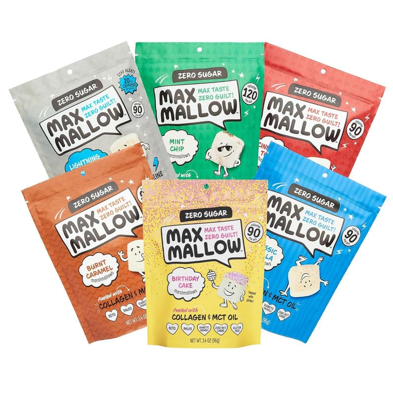 Max Mallow Sugar Free Marshmallows - Keto-Friendly, Deliciously Fluffy Treats Perfect for S'mores, Hot Chocolate, and Baking with Zero Sugar, Marshmallows for smores Zero Sugar Marshmallow 6 Pack